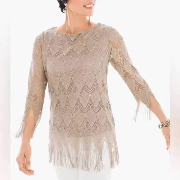 Chico’s Gold Metallic Scalloped Fringe Trim Dressy Top - Picture 1 of 11